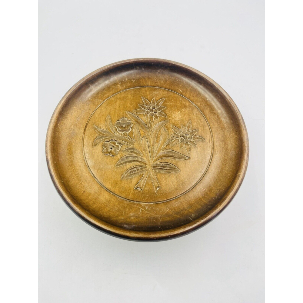 Vintage Thorens Music Box Carved Edelweiss Walnut Tray Dish Plays and Works Fine